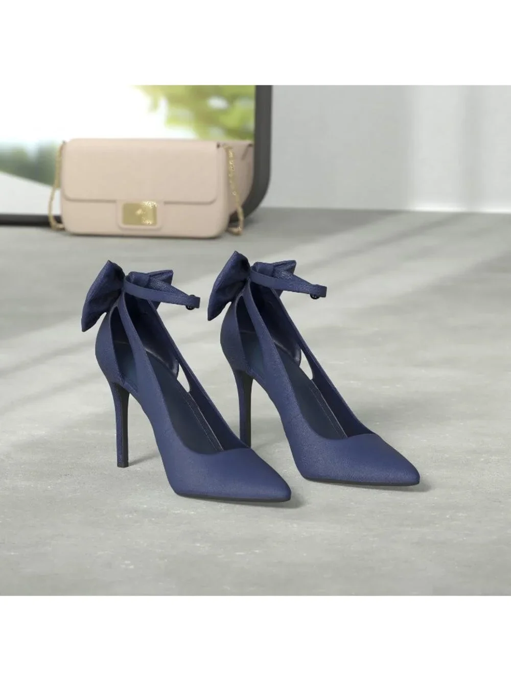 Women's Navy Pointed Toe High Heels Ankle Strap Sexy Bowtie Back Dress Sandals